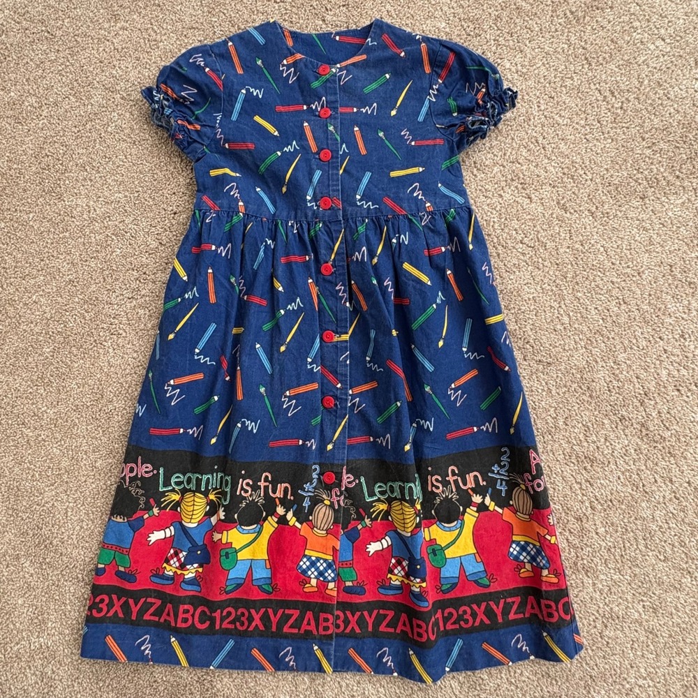 Simplicity‎ Kids Dress Size 4 Navy Blue School Pencil ABC Border Print Vintage
